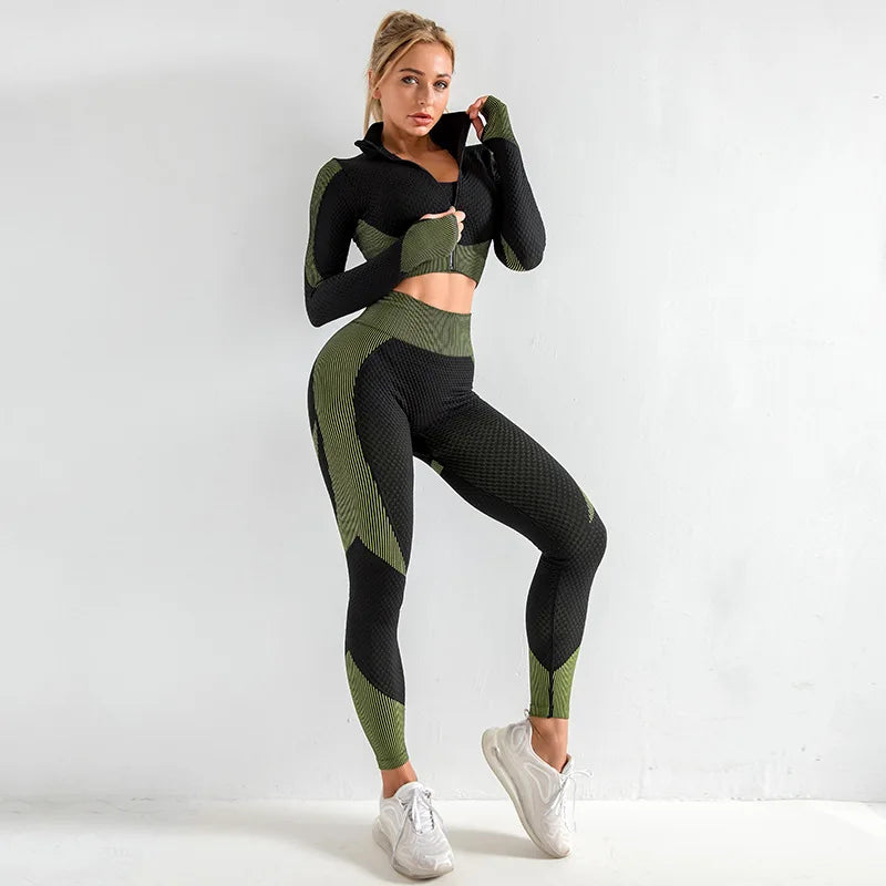 Woman wearing a green and black athletic outfit on a white background
