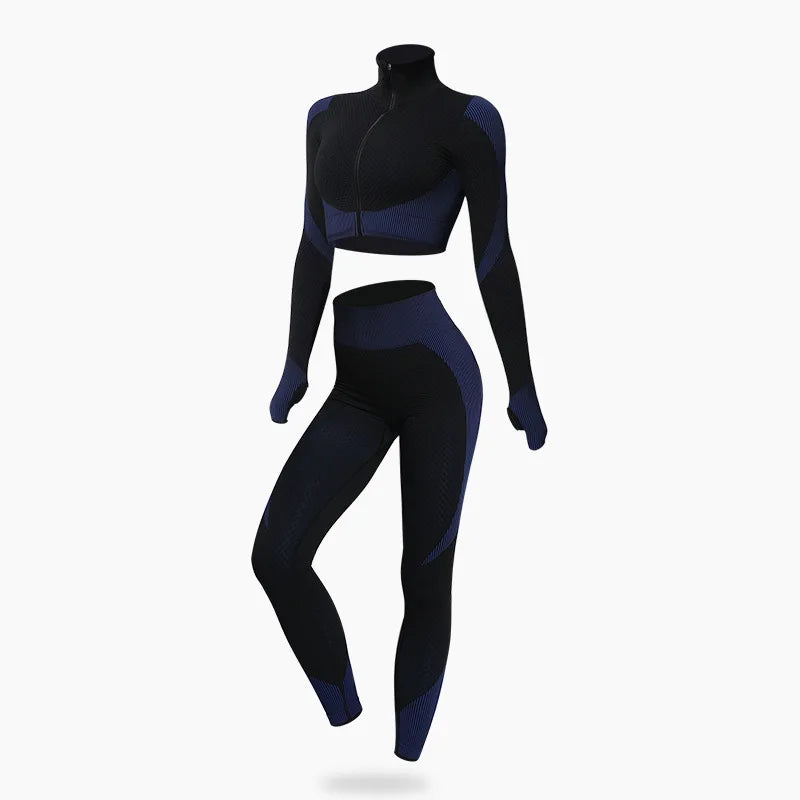 Black and blue athletic outfit on a white background